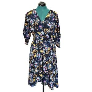 Eliza J Floral‎ High/Low Wrap Dress in Blue Belted 3/4 Sleeve Pockets 10 Petite